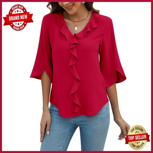 Tops - Women's 3/4 Sleeve V Neck Ruffle Blouse Business Casual Summer Top